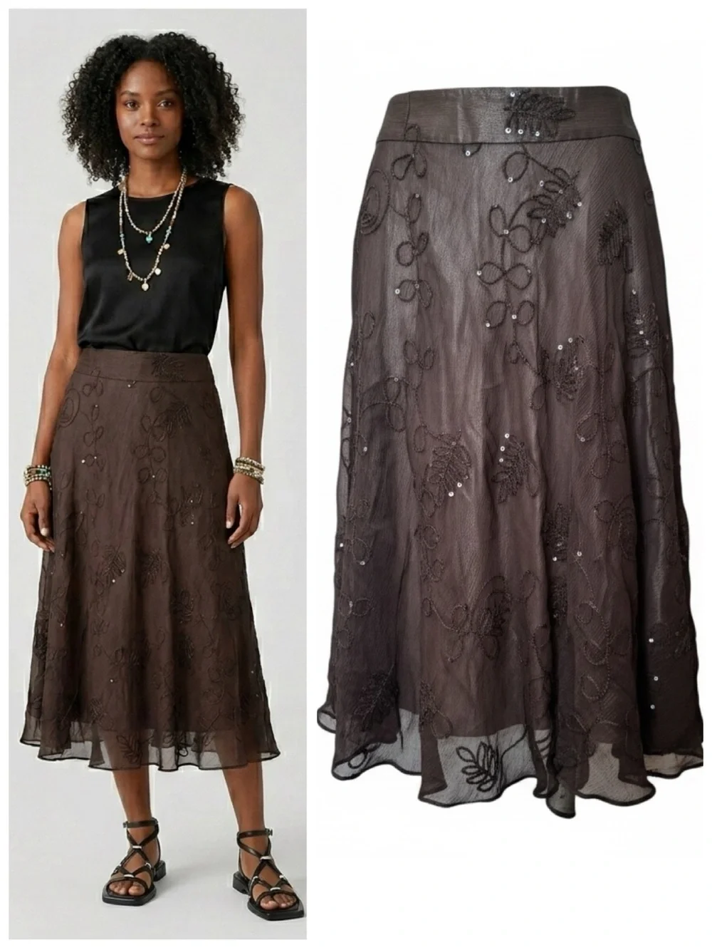 Anne Klein NEW Y2K 100% Silk Sheer Embroidered Sequin Midi Skirt Brown 4 Boho - Picture 1 of 16